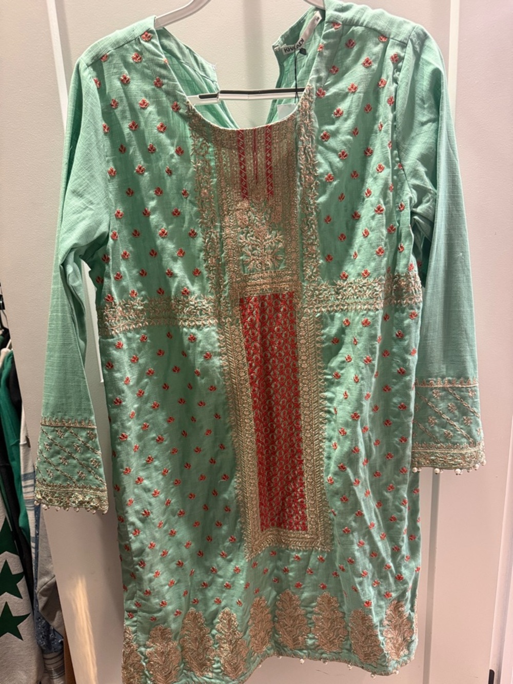 Mint Green Embroidered Tunic with Coral Accents